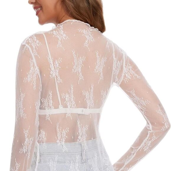 Macy’s | Cream Lace Long Sleeve Embroidered Top Size M - Picture 3 of 7